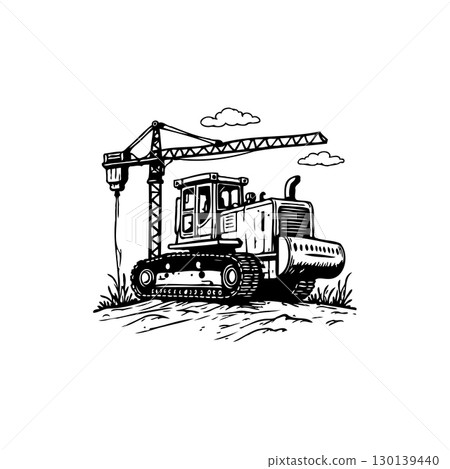 Monochrome construction scene featuring a crane and heavy equipment in sketch style Monochrome construction scene featuring a crane and heavy equipment in sketch style 130139440
