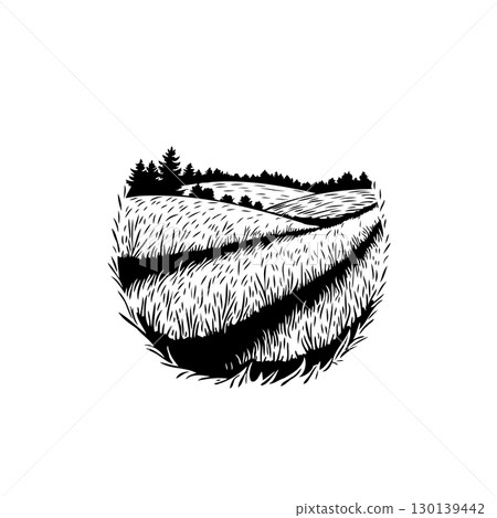 Serene Black and White Landscape: Hand-Drawn Field with Trees and Rolling Hills Serene Black and White Landscape: Hand-Drawn Field with Trees and Rolling Hills 130139442
