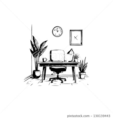 Minimalist Workspace Illustration: Desk, Computer, Plants, and Clock in Black and White Minimalist Workspace Illustration: Desk, Computer, Plants, and Clock in Black and White 130139443