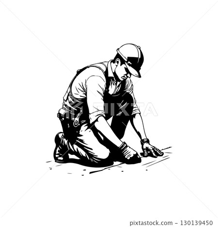 Illustration of a construction worker in action on a white background graphic 130139450