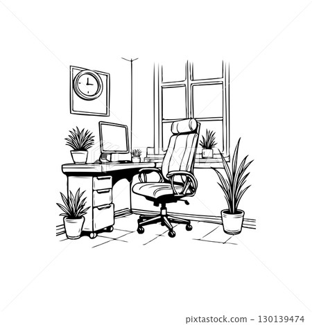 Office interior with desk, chair, computer and window in black and white style 130139474