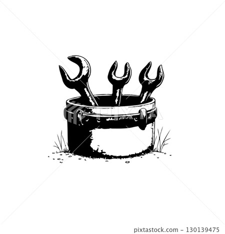 Monochrome illustration featuring a metal bucket overflowing with hand tools 130139475