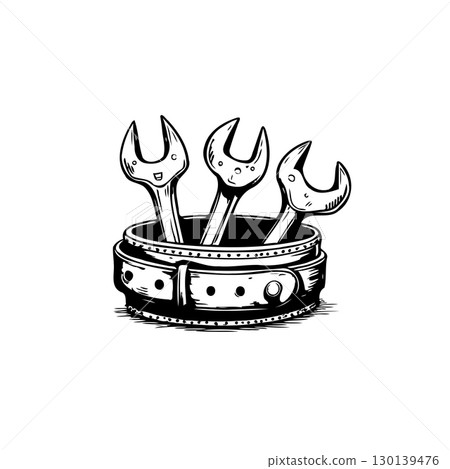 Hand-Drawn Illustration of Wrenches in a Tool Belt, Perfect for DIY Projects 130139476