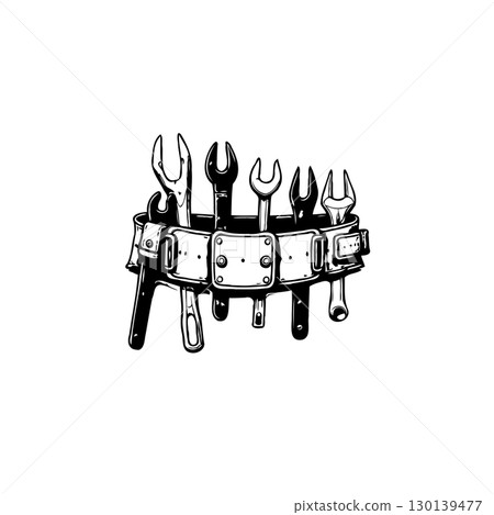 Stylized vintage illustration of a tool belt with wrenches, evoking craftsmanship 130139477