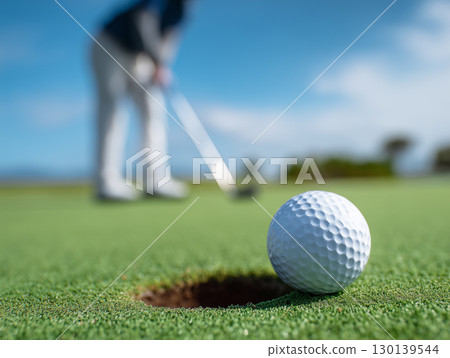 推桿前的瞬間,高爾夫球位於洞前方。陽光明媚的日子,在高爾夫球場上,瞄準推桿擊球。 推桿前的瞬間,高爾夫球位於洞前方。陽光明媚的日子,在高爾夫球場上,瞄準推桿擊球。 130139544