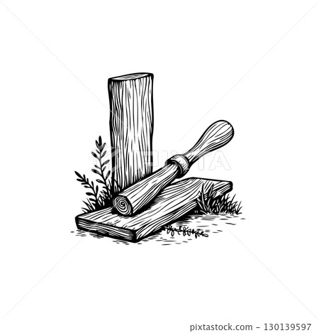 Detailed Woodworking Still Life: Hand-Drawn Illustration of Wood, Chisel and Logs 130139597