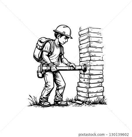 Boy dressed as construction worker repairing or building a brick wall drawing Boy dressed as construction worker repairing or building a brick wall drawing 130139602