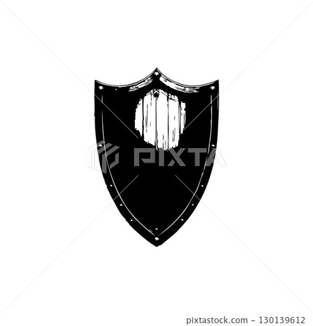 Minimalist black shield illustration with distressed texture on a white background Minimalist black shield illustration with distressed texture on a white background 130139612