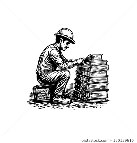 Focused worker with hardhat organizing stacked books in a monochromatic illustration 130139616