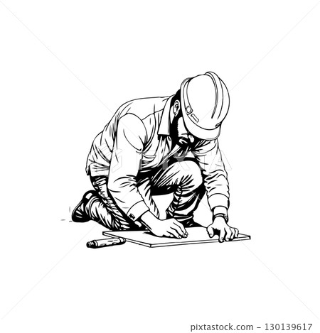 Detailed Line Art Illustration of a Construction Worker Kneeling and Working Carefully Detailed Line Art Illustration of a Construction Worker Kneeling and Working Carefully 130139617