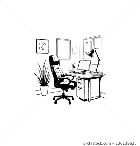 Minimalist home office setup with ergonomic chair, desk, and plant illustration 130139623