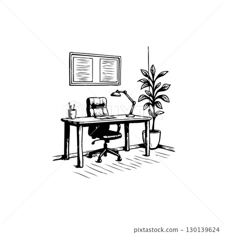 Minimalist Office Workspace with Desk, Chair, Plant, and Artwork in Monochrome Style Minimalist Office Workspace with Desk, Chair, Plant, and Artwork in Monochrome Style 130139624