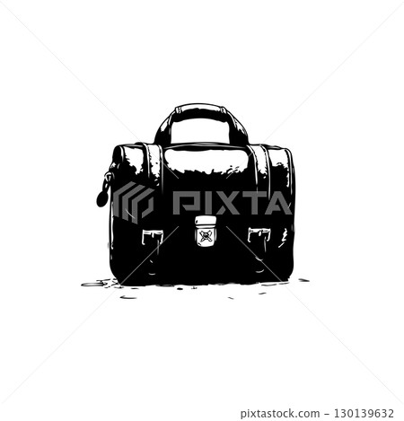 Monochrome image of a classic black leather satchel bag on a white background 130139632