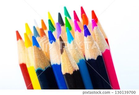 Vibrant Rainbow Colored Pencil Tips Clustered Together Creating Dynamic Art Supply Composition Vibrant Rainbow Colored Pencil Tips Clustered Together Creating Dynamic Art Supply Composition 130139700
