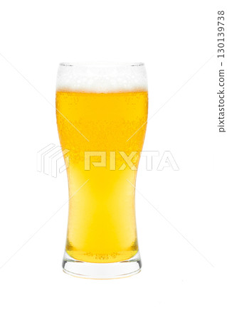 Golden Beer Glass with Frothy Head and Bubbles on Clean White Background 130139738