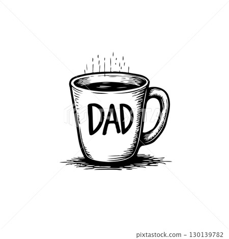 A hand-drawn illustration of a coffee mug with the word 'DAD' on it, steam rising 130139782