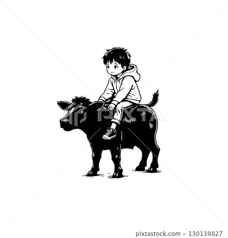 Charming Illustration of a Boy Riding a Cow in Monochrome Style Artwork 130139827