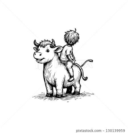 Whimsical illustration of a child riding a cartoon bull, black and white drawing Whimsical illustration of a child riding a cartoon bull, black and white drawing 130139959