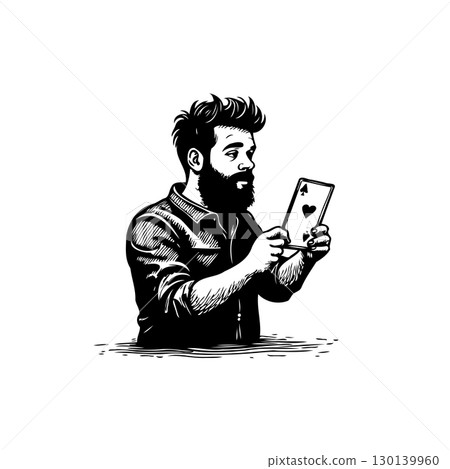 Man holding a playing card - Portrait of a hipster with a beard illustration 130139960