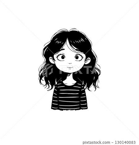 Cute cartoon girl with black hair and striped shirt isolated on white background 130140083
