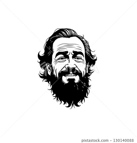 Striking Black and White Portrait of a Bearded Man with Warm Smile and Character 130140088