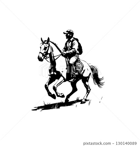 Horseback riding illustration depicts a jockey on a horse in black and white vector art 130140089