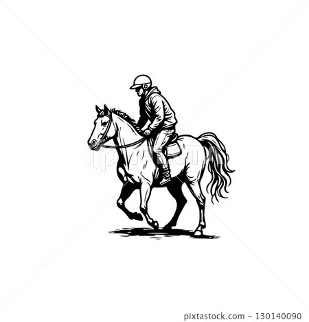 Equestrian Excellence: Dynamic Black and White Illustration of a Horse and Rider 130140090