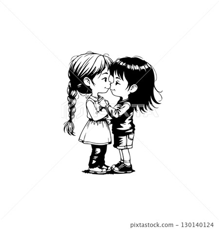 Chibi-style cute cartoon illustration depicting a tender moment between two children 130140124