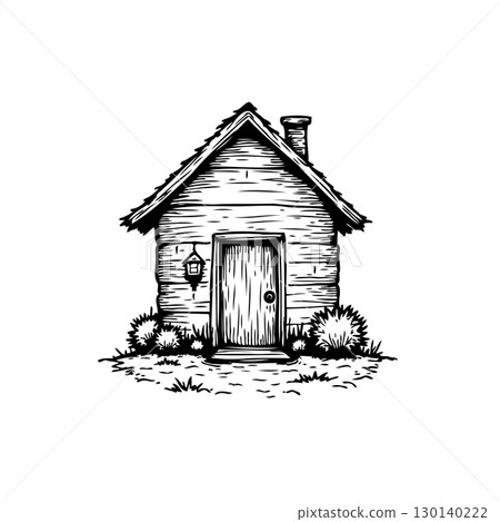 Charming Hand-Drawn Illustration of a Rustic Cabin with Distinct Architectural Details 130140222