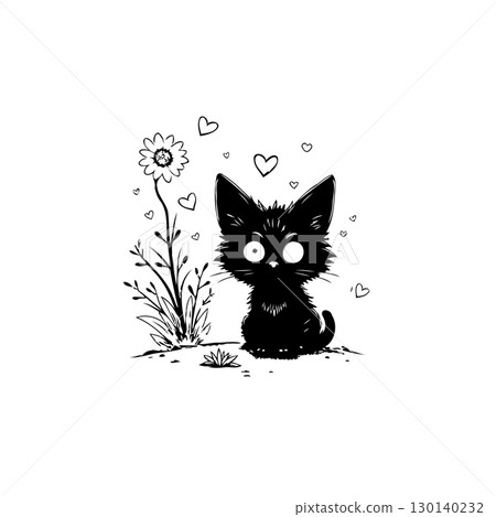 Adorable Black Kitten Surrounded by Hearts and Flowers in Whimsical Illustration Adorable Black Kitten Surrounded by Hearts and Flowers in Whimsical Illustration 130140232