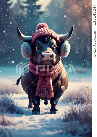 A cartoonish bull with large horns wears blue earmuffs and a matching scarf. 130140247