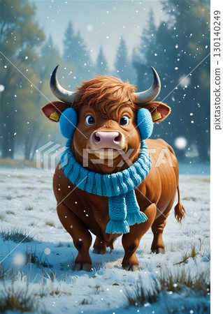 A cartoonish bull with large horns wears blue earmuffs and a matching scarf. 130140249