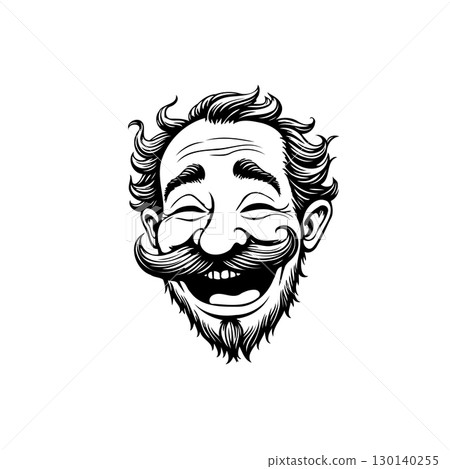 Joyful Mustache Man Illustration: A Whimsical Black and White Vector Portrait Joyful Mustache Man Illustration: A Whimsical Black and White Vector Portrait 130140255