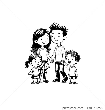 Wholesome family portrait illustration with parents and children standing together Wholesome family portrait illustration with parents and children standing together 130140256