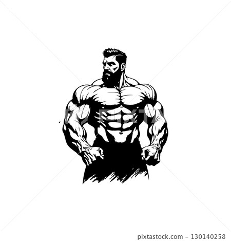 Bodybuilder muscular man with beard illustration for gym or sport product design 130140258