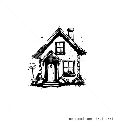 Charming Black and White Cottage Illustration with Traditional Architecture Design Charming Black and White Cottage Illustration with Traditional Architecture Design 130140331