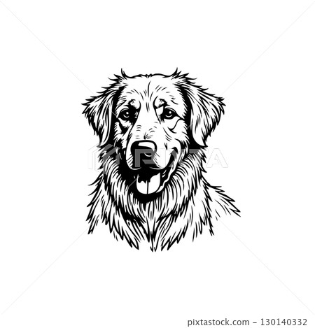 Portrait of a Majestic Golden Retriever Engraved with Detailed Black and White Lines 130140332