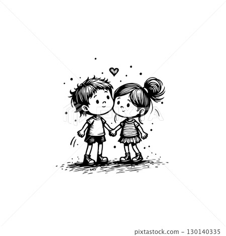 Charming hand-drawn illustration of a young couple in love, perfect for Valentine's Day 130140335