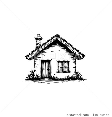 Charming Hand-Drawn Cottage Illustration with Rustic Details and Simple Design 130140336