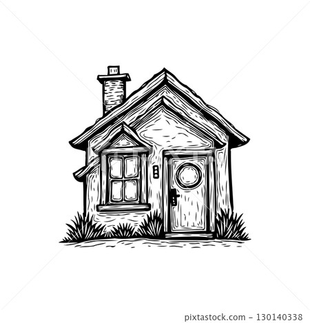 Charming Hand-Drawn Cottage Illustration with Rustic Textures and Whimsical Details 130140338