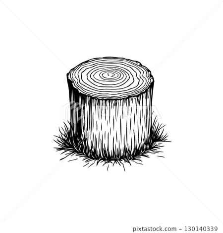 Monochrome Detailed Drawing of a Tree Stump with Grass Illustrating Nature's Resilience 130140339