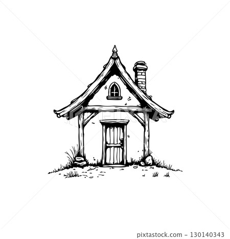 Charming hand drawn black and white illustration of a quaint rustic cottage 130140343