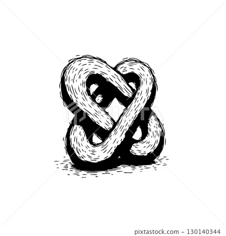 Monochrome drawing of an infinity-shaped knot with textured black and white shading Monochrome drawing of an infinity-shaped knot with textured black and white shading 130140344