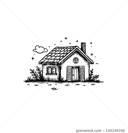 Whimsical Hand-Drawn House Illustration with Shingles and Shutters for a Storybook Feel 130140346