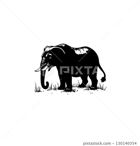 Elegant african elephant silhouette standing gracefully amidst the tall grassland Elegant african elephant silhouette standing gracefully amidst the tall grassland 130140354