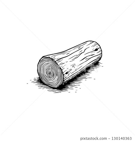 Detailed monochrome drawing of a cut log showing growth rings and wood texture 130140363