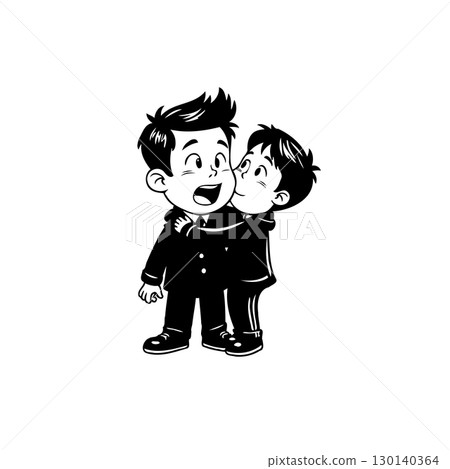 Monochrome Cartoon Depiction of Two Boys Embracing in a Heartwarming Scene 130140364