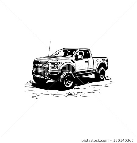 Black and white illustration of a pickup truck on a white background design 130140365