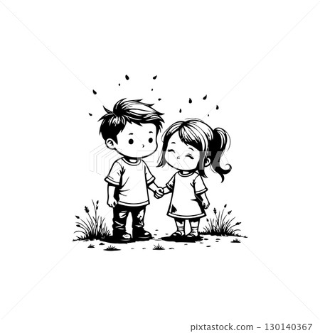 Charming monochrome illustration of two adorable children holding hands outdoors 130140367
