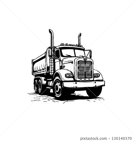 Detailed black and white illustration of a dump truck on a white background 130140370
